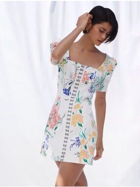 Urban Outfitters Hallie Floral Puff Sleeve Mini Dress with Pastel Blooms